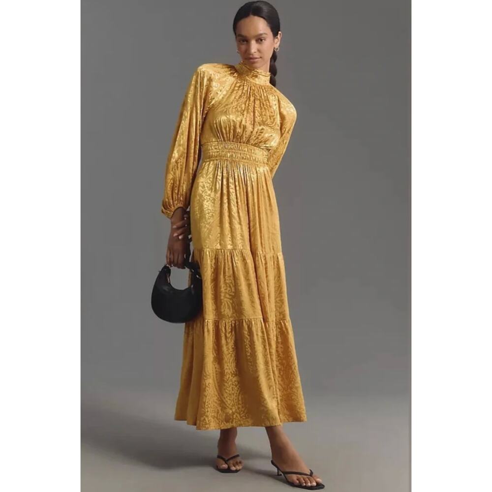 Anthropologie The Somerset Long Sleeve Maxi Dress Yellow Mock-Neck Petite XS P